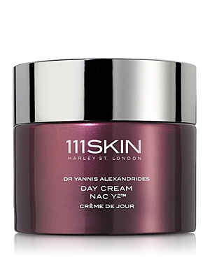 A sleek, deep purple jar of 111SKIN Repair Day Cream NAC Y2, featuring a silver lid and elegant branding, labeled for daytime use, 50ml.