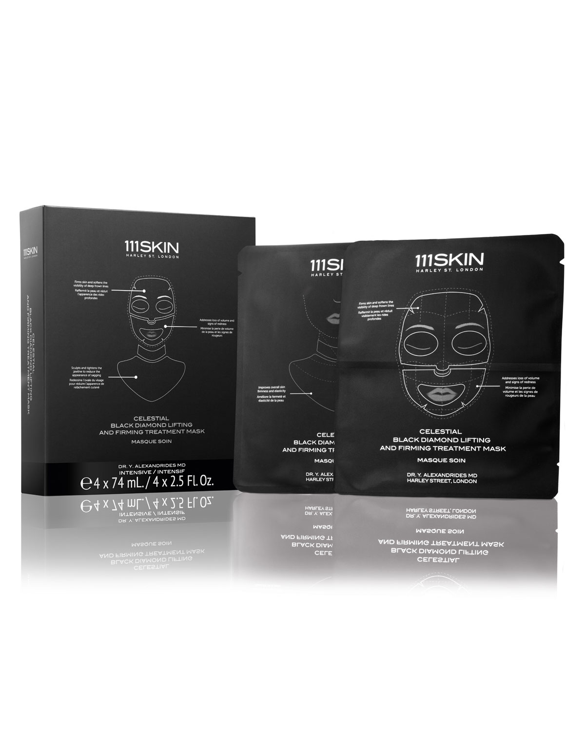 Black box with sleek design featuring silver text, containing four individual black treatment mask packets for lifting and firming skin, by 111SKIN.