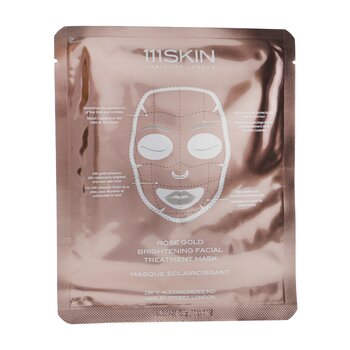 Rose gold facial mask packet with a minimalist design, featuring a face outline and product details, highlighting its brightening treatment benefits.