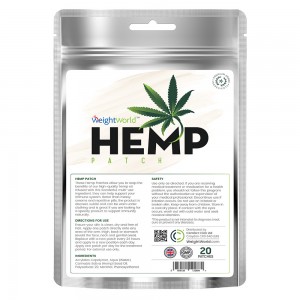 Silver packaging featuring a large green cannabis leaf, labeled "Hemp Patch" with product details and safety instructions, containing 20 natural formula patches for joint and muscle care.