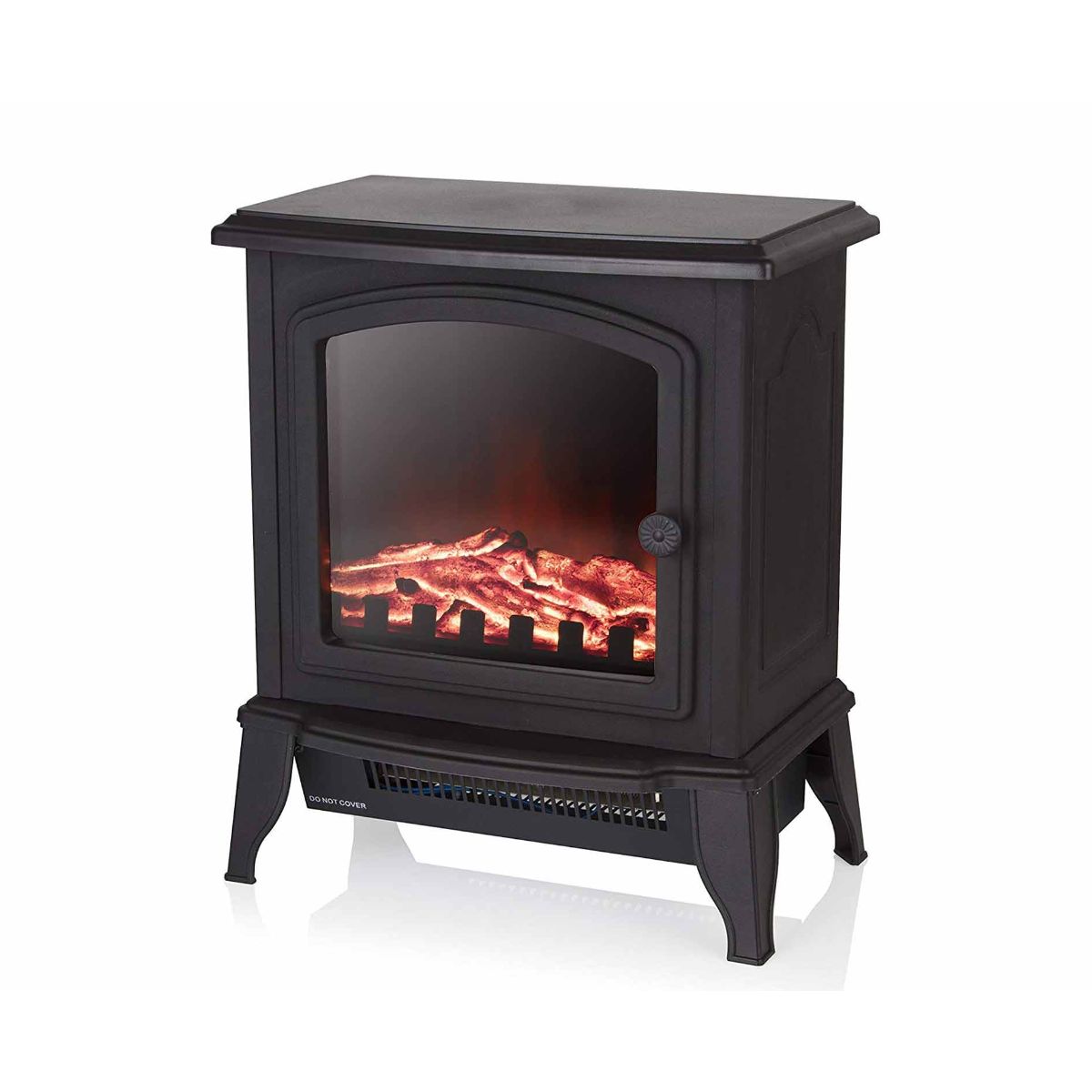 Compact black electric stove with a glass front, featuring realistic flame effect and logs, sturdy legs, and a sleek design, ideal for cozy heating.