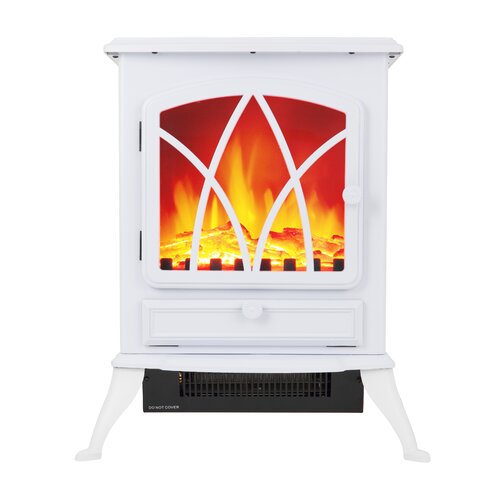 White Tower Electric Stove Heater with adjustable thermostat, 2Kw power, featuring a realistic flame effect and decorative glass front, supported by sturdy legs.