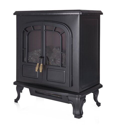 Black electric double door fire stove with a classic design, featuring a glass front, decorative handles, and ornate legs, providing a cozy ambiance in any room.