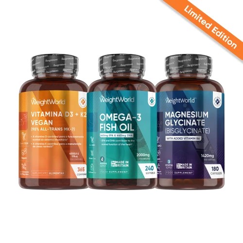 Three bottles of WeightWorld supplements: Vitamin D3 + K2 (orange label), Omega-3 Fish Oil (dark blue label), and Magnesium Glycinate (brown label), all featuring a limited edition banner.