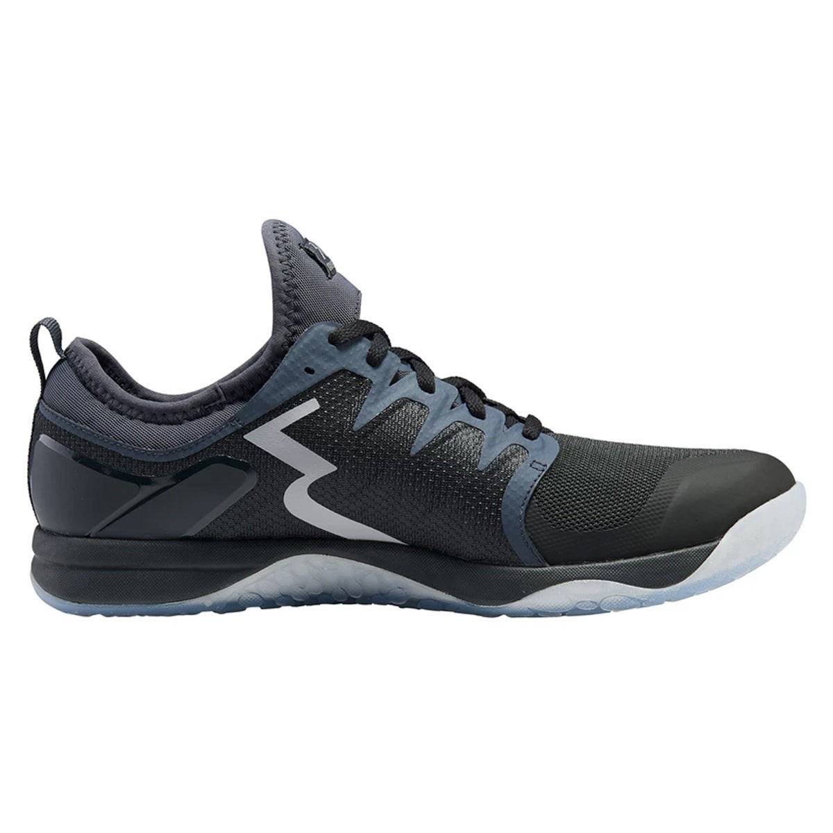 Black and ebony athletic shoes with a breathable mesh upper, featuring a sleek design, contrasting white lightning bolt logo, and a cushioned sole for comfort.