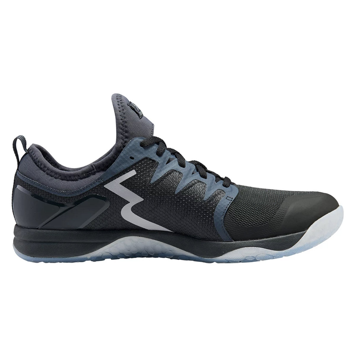 Black and ebony athletic shoe featuring a breathable mesh upper, padded collar, and a white lightning bolt design on the side, with a textured rubber sole for traction.