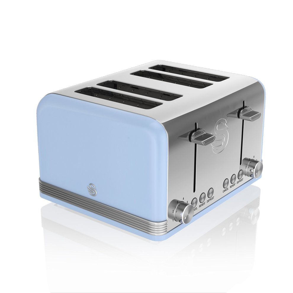 Retro-style 4-slice toaster in pastel blue with chrome accents, featuring four slots, adjustable browning control, and a sleek, rounded design.