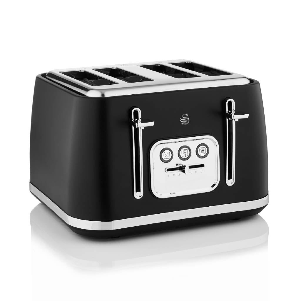 Black four-slice toaster with chrome accents, featuring a sleek design, control buttons for browning levels, and a removable crumb tray for easy cleaning.