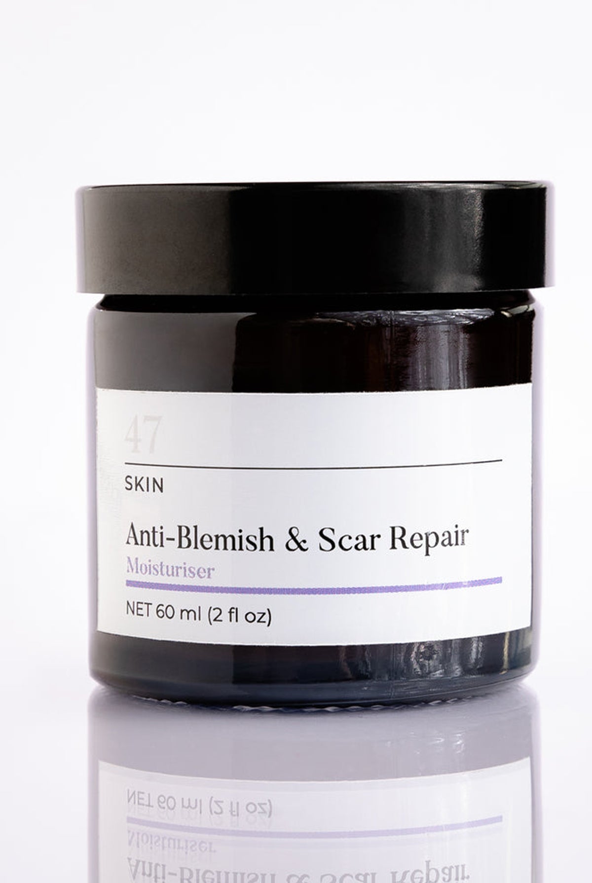Dark glass jar with a black lid, labeled "47 Skin Anti-Blemish & Scar Repair Moisturiser" in white and purple text, containing 60ml of product.