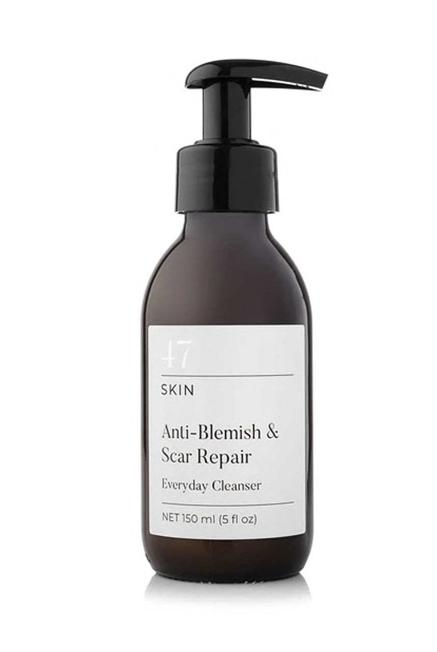 Brown glass bottle with a black pump top, labeled "47 Skin Anti-Blemish & Scar Repair Everyday Cleanser," 150ml, featuring a minimalist white and black design.