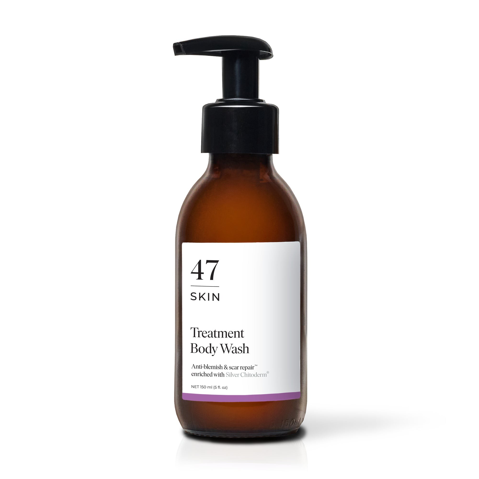 Amber glass bottle with a black pump, labeled "47 SKIN Treatment Body Wash," featuring a white and purple design, 150ml size, promoting anti-health and scar repair.