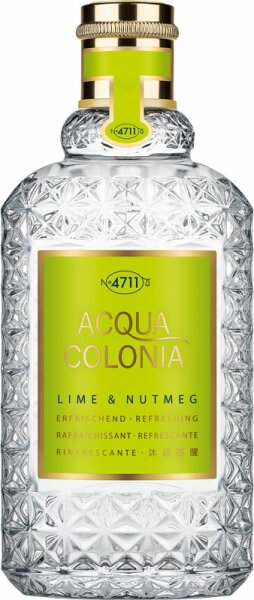 Clear glass bottle with a textured diamond pattern, featuring a vibrant green label that reads "ACQUA COLONIA LIME & NUTMEG" and a gold cap.