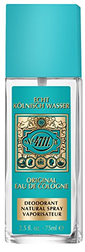 Clear glass deodorant spray bottle with a turquoise cap, featuring a vintage-style label in gold and turquoise, labeled "4711 Original Eau de Cologne."