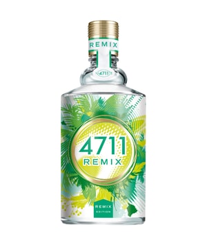 Clear glass bottle featuring a vibrant green and yellow tropical design, labeled "4711 REMIX," with a gold cap and a 3.4 oz capacity, suitable for both men and women.