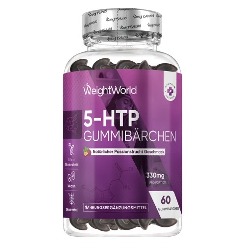 Clear plastic bottle containing 60 purple 5-HTP gummies with a passion fruit flavor, labeled with "WeightWorld" and nutritional information in German.