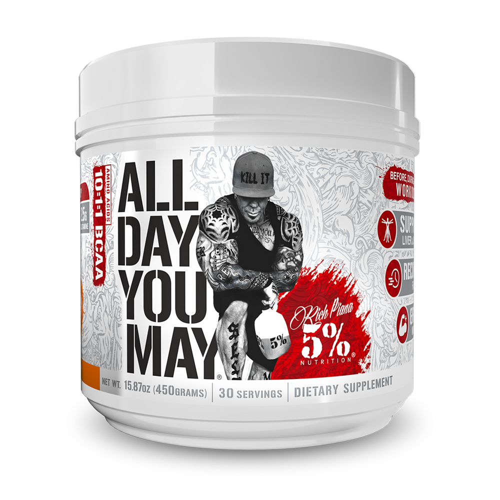 White container with a gray lid, featuring bold black and red text reading "ALL DAY YOU MAY" and "5% NUTRITION," alongside an illustration of a muscular man.