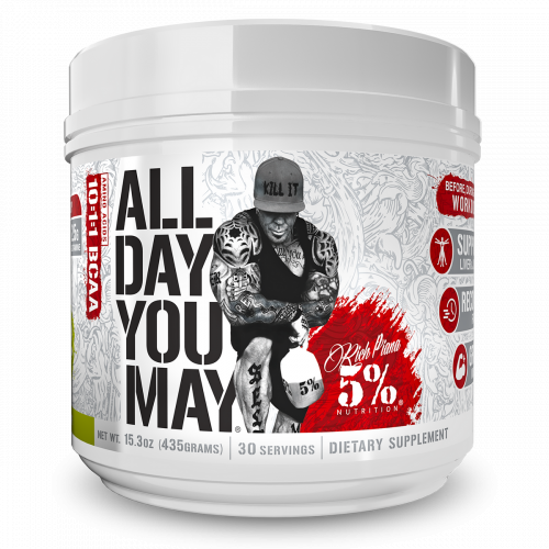 White container with a colorful label featuring "AllDayYouMay" and "Legendary Series, Southern Sweet Tea," showcasing a muscular figure and a bold design, 30 servings, 462g.