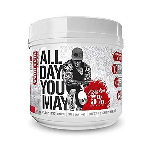 White container with a red and black label featuring "AllDayYouMay - Legendary Series, Watermelon" and "5% Nutrition," showcasing a muscular figure and details about servings and dietary supplement.