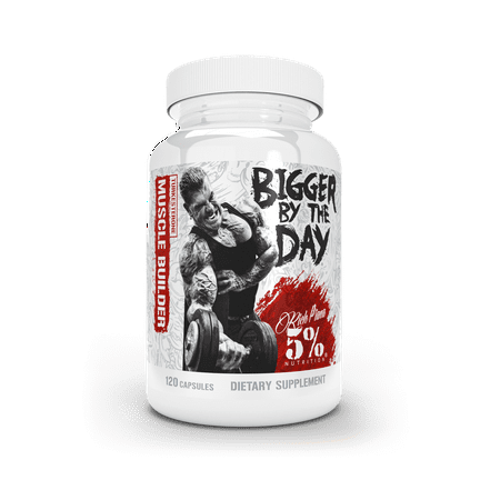 White bottle with a black and red label featuring a muscular man lifting weights, labeled "Bigger by the Day," containing 120 capsules, categorized as a dietary supplement.