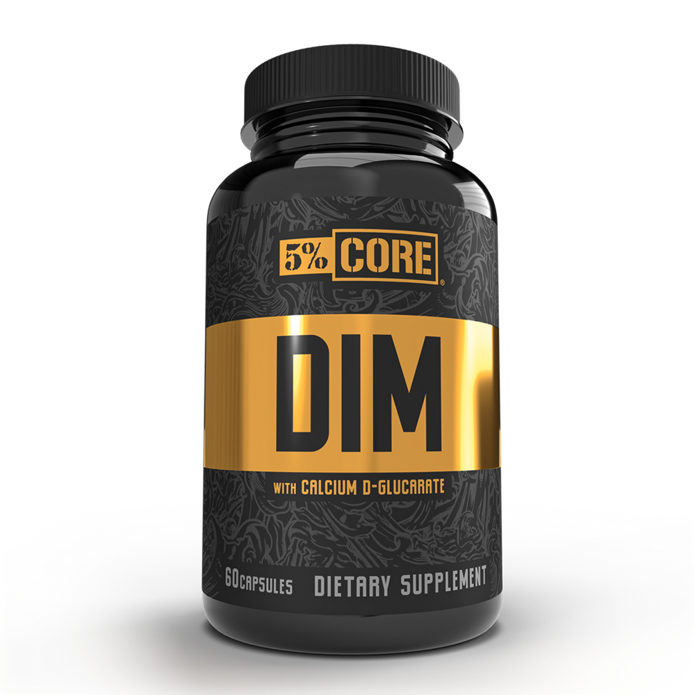 Black bottle with a gold label reading "5% CORE DIM" and "with Calcium D-Glucarate," containing 60 capsules, designed for estrogen regulation support.