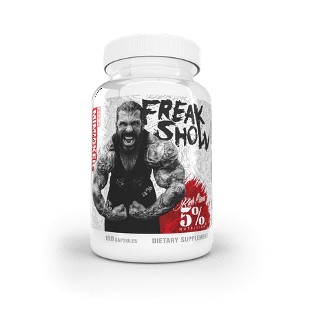 White bottle with a screw-on lid, labeled "Freak Show" in bold black letters, featuring a muscular man on the front, and includes "180 Capsules" and "Dietary Supplement" text.
