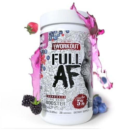 White container with a colorful label featuring "FULL AF" in bold black letters, surrounded by wildberry graphics and splashes, indicating a nitric oxide booster supplement.