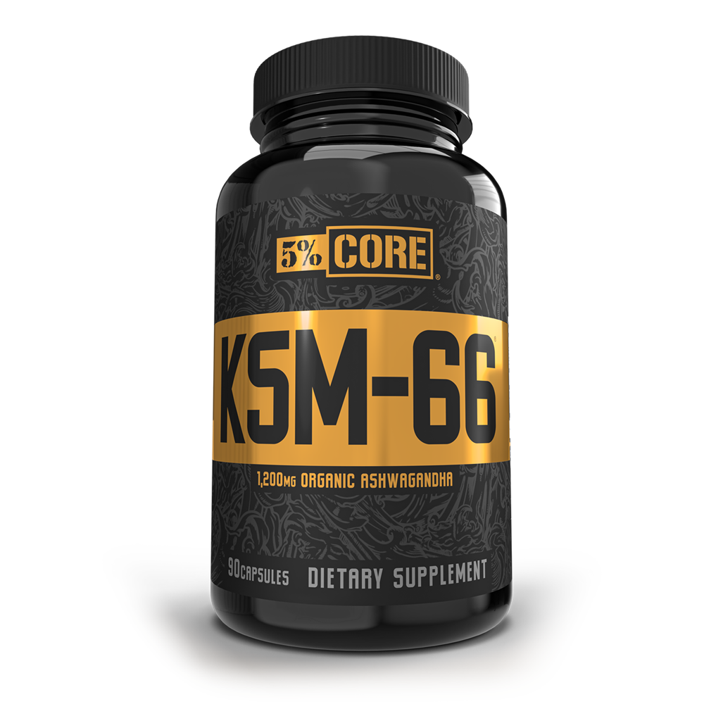 Black bottle with a glossy finish, featuring a gold and white label that reads "5% CORE KSM-66" and "1200mg Organic Ashwagandha," containing 90 capsules.
