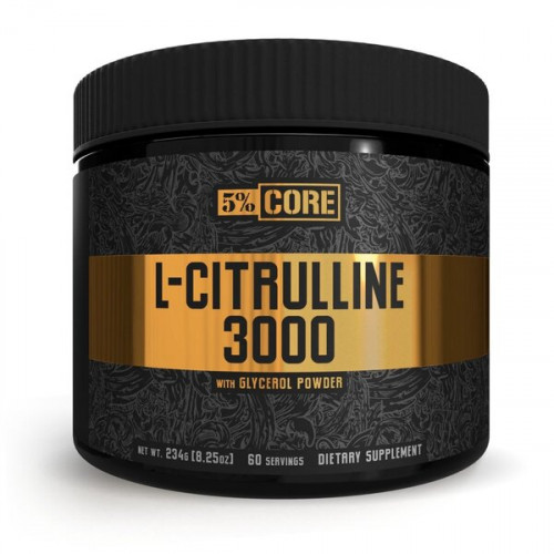 Black container with a textured design, gold and black label reading "L-Citrulline 3000 with Glycerol," 60 servings, and 234g net weight, indicating it's a dietary supplement.