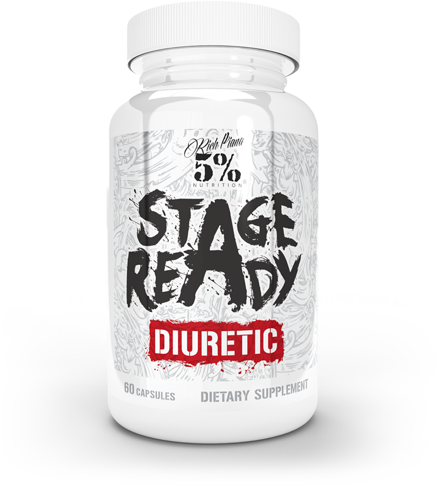 White bottle with a textured design, featuring bold black and red text that reads "STAGE READY DIURETIC," labeled as a dietary supplement with 60 capsules.