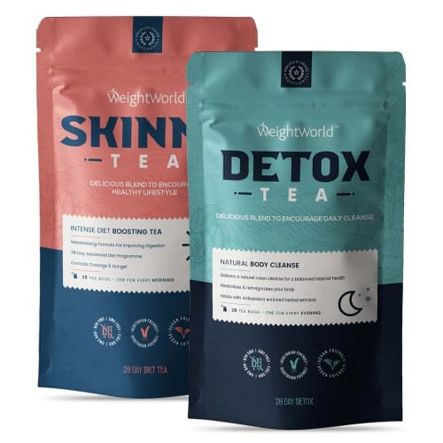 WeightWorld Skinny & Detox Tea Combo featuring two colorful pouches; one teal for Skinny Tea and one pink for Detox Tea, each labeled with key benefits and 28-day supply details.