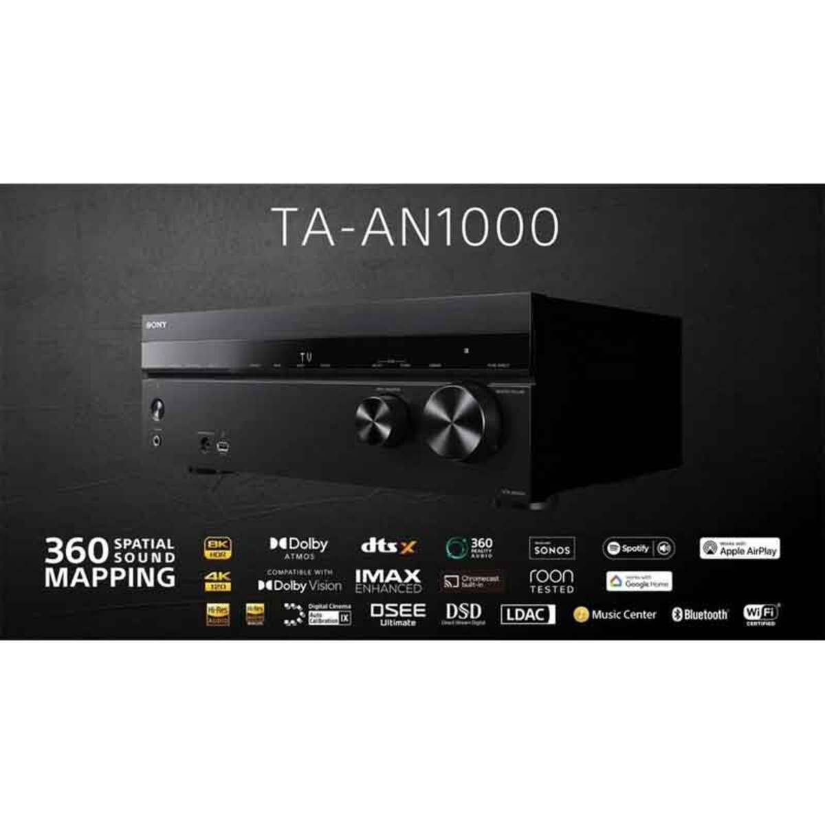 Black Sony TAAN1000 7.2 channel AV amplifier featuring Dolby Atmos and DTS:X, with a sleek design, front control knobs, and various connectivity options displayed on the front panel.