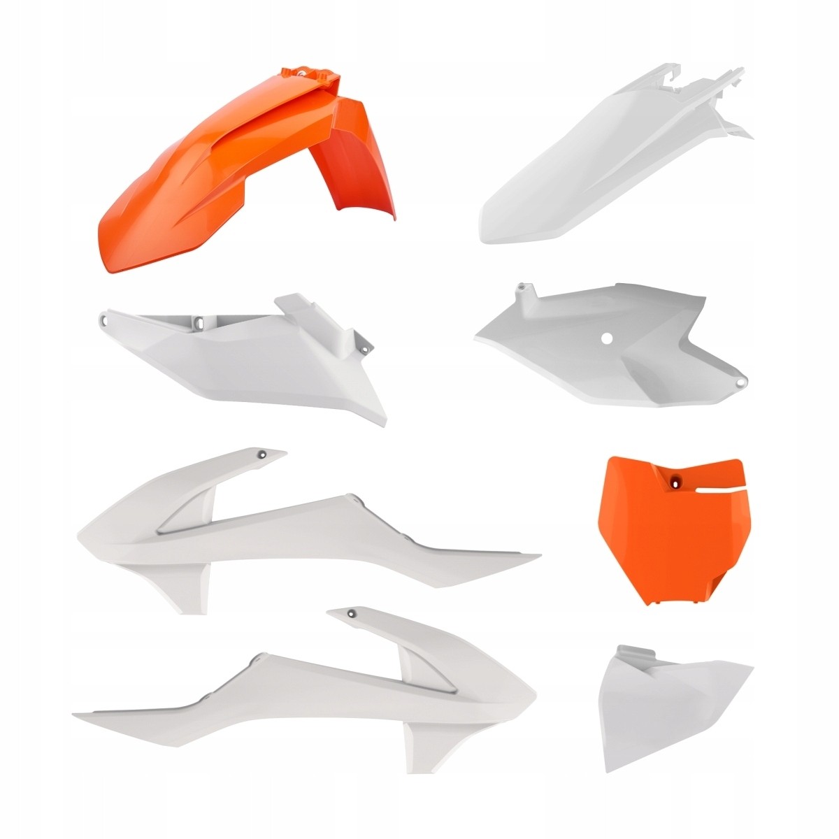 Polisport Plastics Kit for KTM SX85 (2018-2024) featuring orange and white plastic body panels, including fenders and side covers, designed for OEM fit and durability.