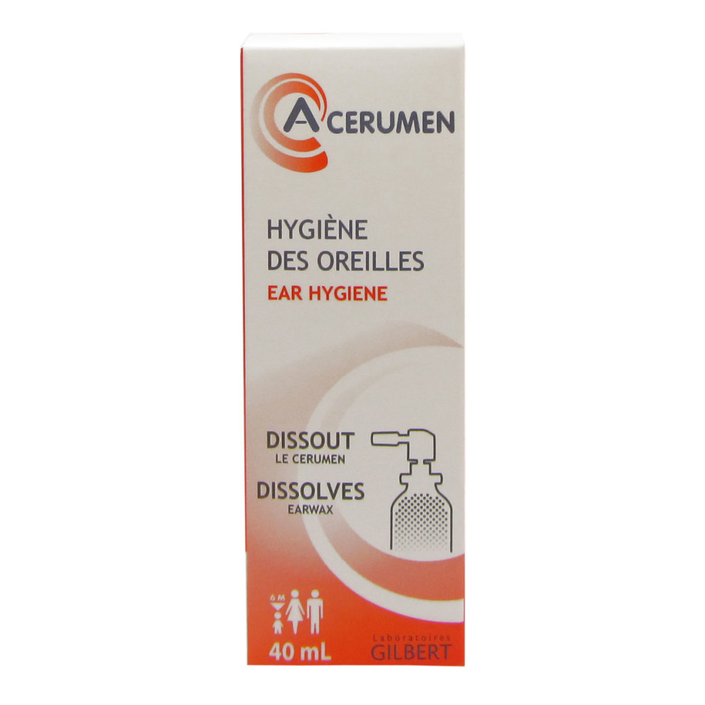 A white and orange box labeled "Acerumen Spray Hygiene of the Ear 40ml" with a spray nozzle graphic and text indicating it dissolves earwax.