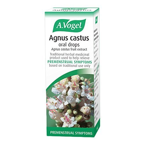 Green and white box of A. Vogel Agnus Castus Oral Drops, 50ml, featuring floral imagery and text highlighting its use for premenstrual symptoms.