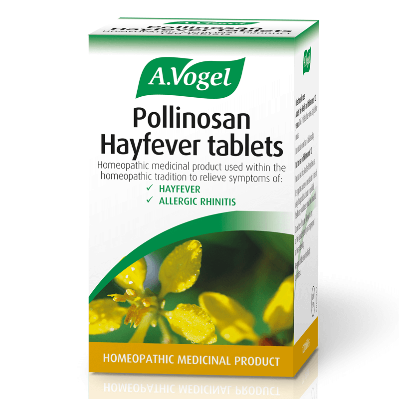 A.Vogel Pollinosan Tablets 120, in a white box featuring a yellow flower, with black text highlighting its use for hayfever and allergic rhinitis, marked as a homeopathic medicinal product.
