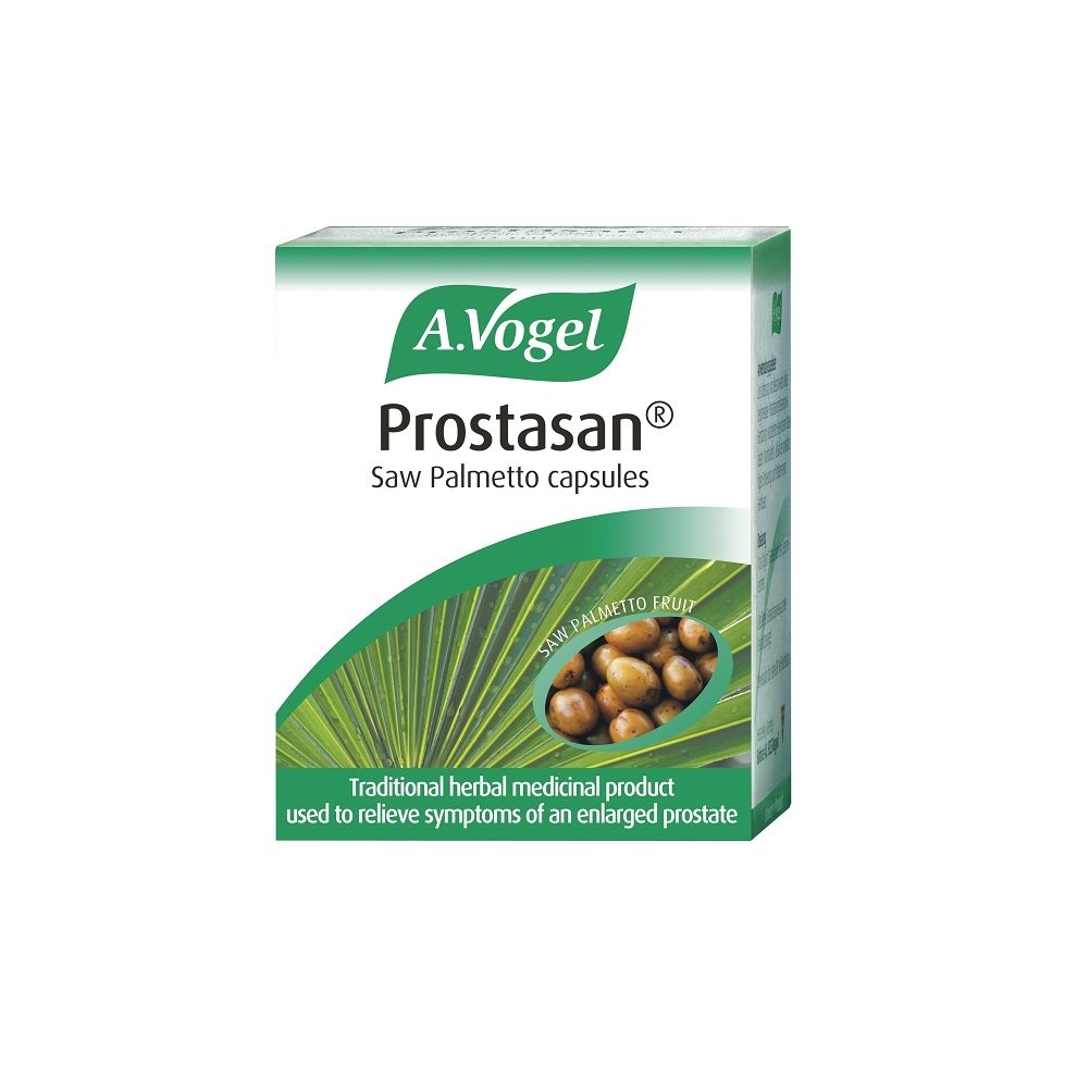 Green and white box of A. Vogel Prostasan Saw Palmetto Capsules, featuring a graphic of saw palmetto berries and text highlighting its use for enlarged prostate relief.