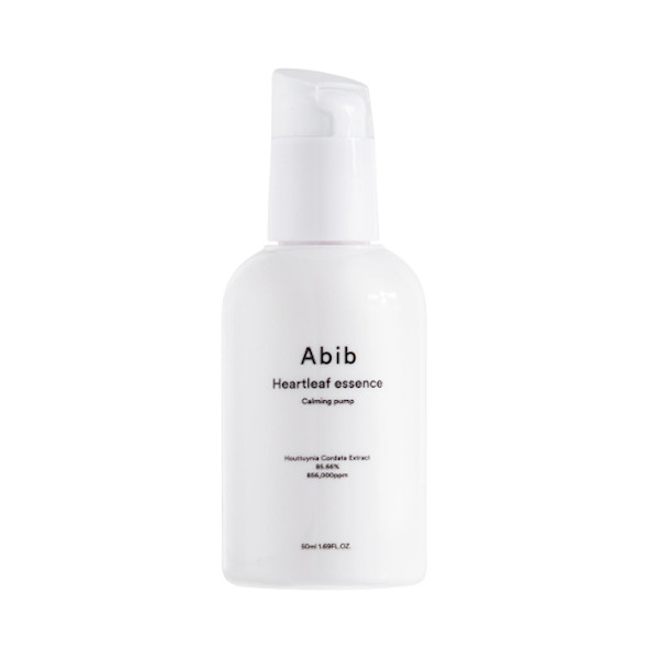 White pump bottle with a sleek design, labeled "Abib Heartleaf Essence Calming Pump 50 Ml," featuring minimalist black text and a simple, modern aesthetic.