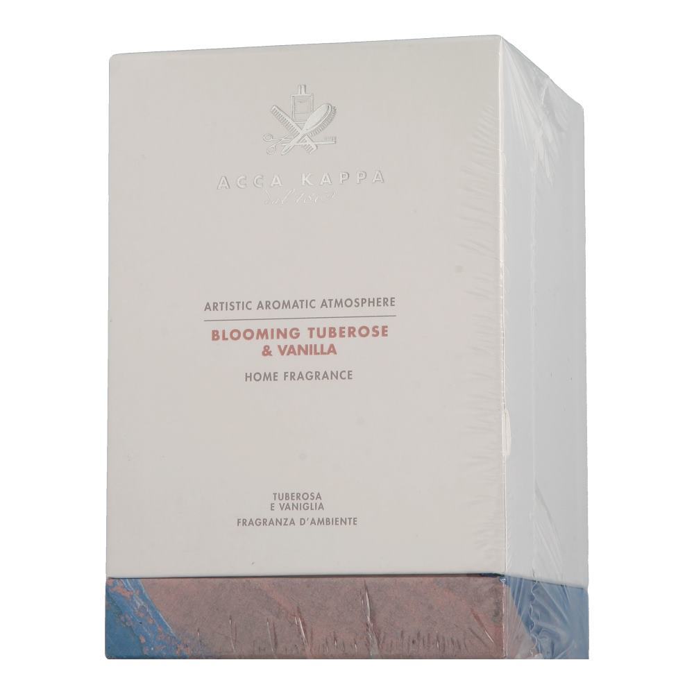 White box with a minimalist design featuring the Acca Kappa logo, labeled "Blooming Tuberose & Vanilla Home Fragrance," with a colorful base and plastic wrap.