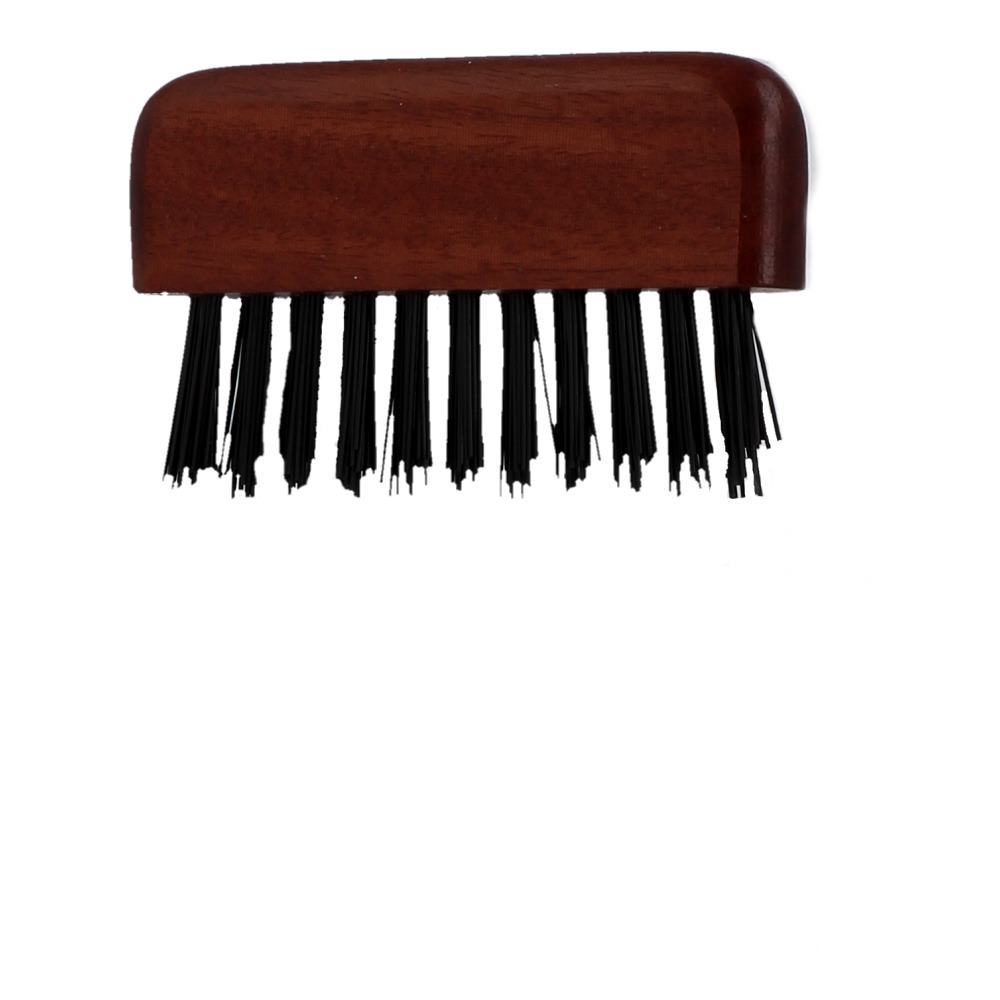 Wooden brush and comb cleaner featuring a dark brown handle and black bristles, designed for effective cleaning of hair tools.