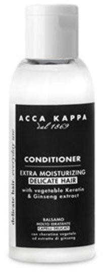 White plastic bottle of Acca Kappa 363567 100 ml conditioner, featuring a black label with white text, highlighting extra moisturizing for delicate hair with vegetable keratin and ginseng extract.