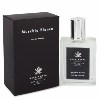 Clear glass bottle with a silver cap, featuring a black label with white text, placed beside a sleek black box, both labeled "Muschio Bianco" by Acca Kappa.