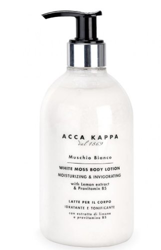 17 oz white shower gel bottle by Acca Kappa featuring a sleek design, black pump top, and labeled "White Moss," emphasizing moisturizing and invigorating properties.