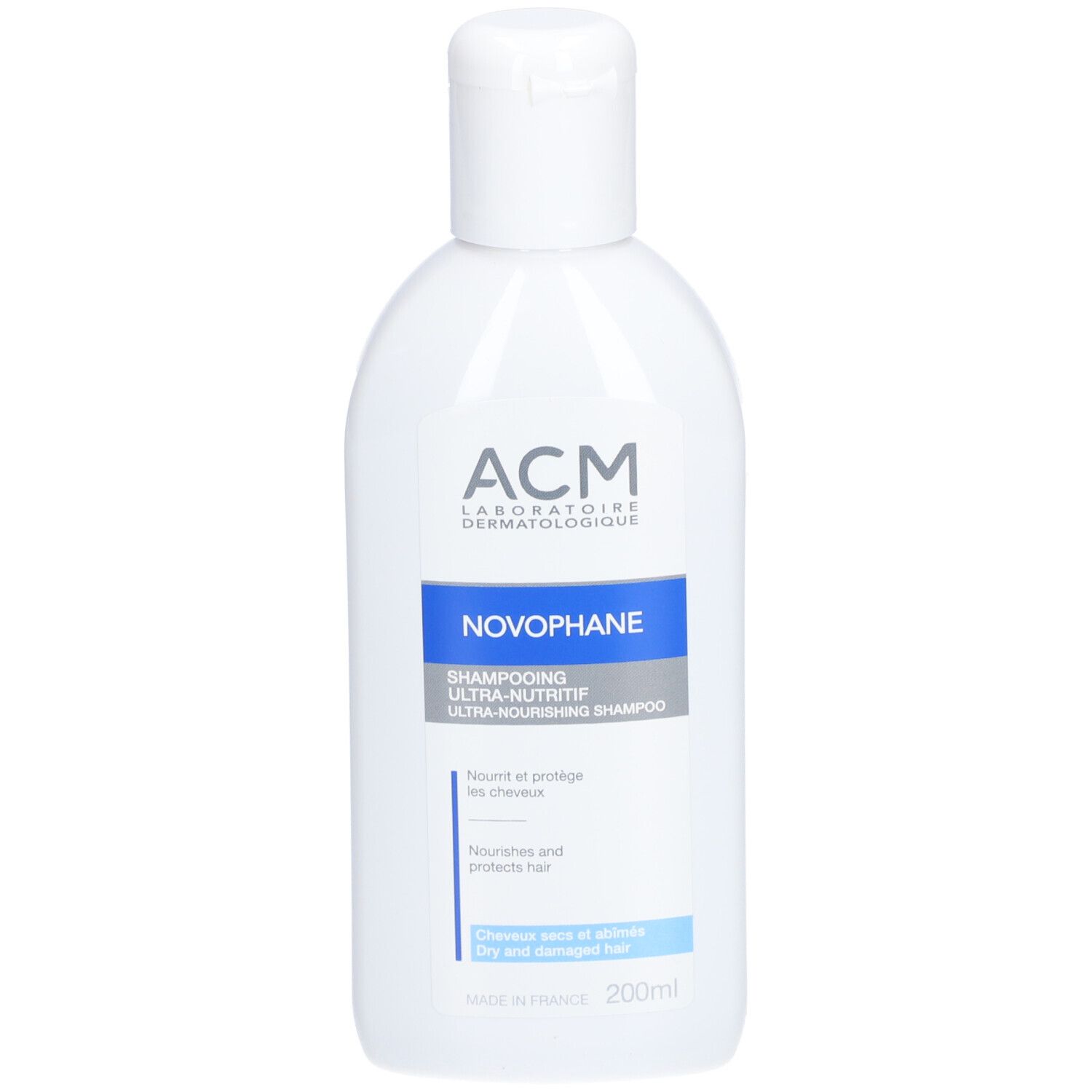 White plastic bottle of ACM Laboratoire Novophane Hair Shampoo, 200 ml, featuring a blue label with product details and a flip-top cap.