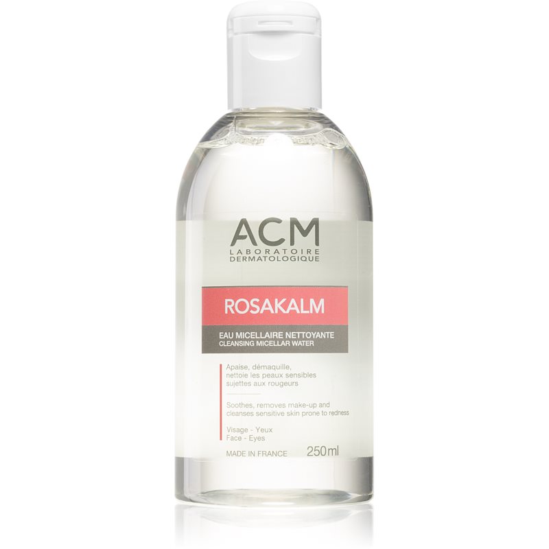 Clear plastic bottle of ACM Rosakalm micellar water, 250 ml, with a white flip-top cap, labeled in blue and white, designed to soothe skin redness, suitable for face and eyes.