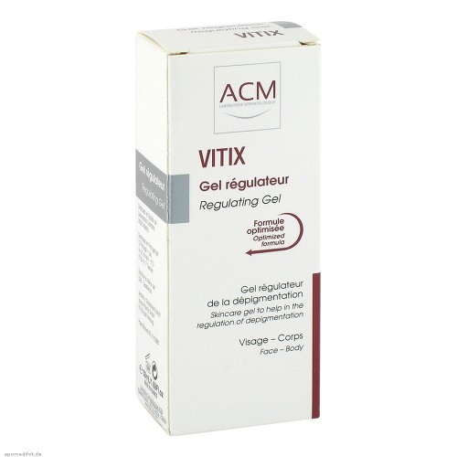 White box with red and black text, featuring "ACM Vitix" and "Regulating Gel" prominently, along with usage instructions for face and body, 50 ml size indicated.