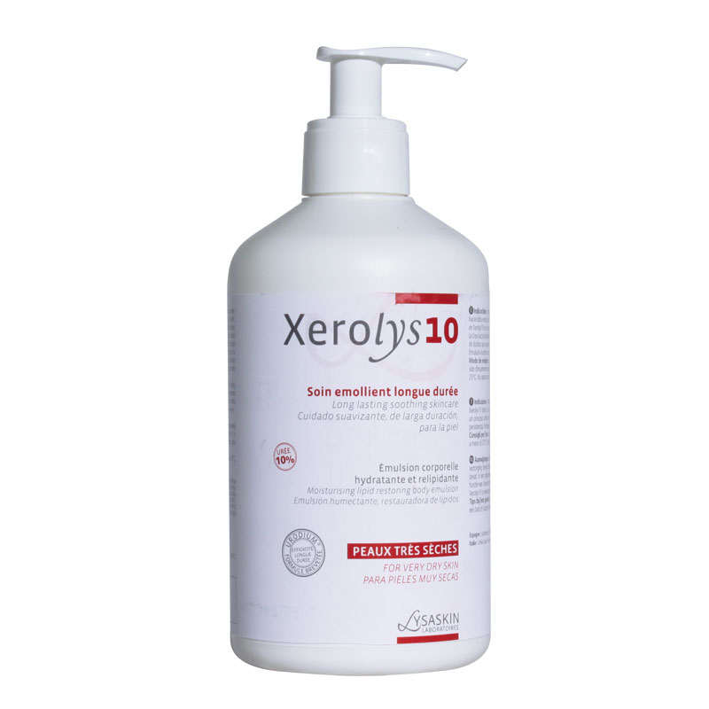 White plastic bottle with a pump dispenser, labeled "Xerolys 10" in red and black text, indicating it's an emollient for very dry skin, 500ml size.
