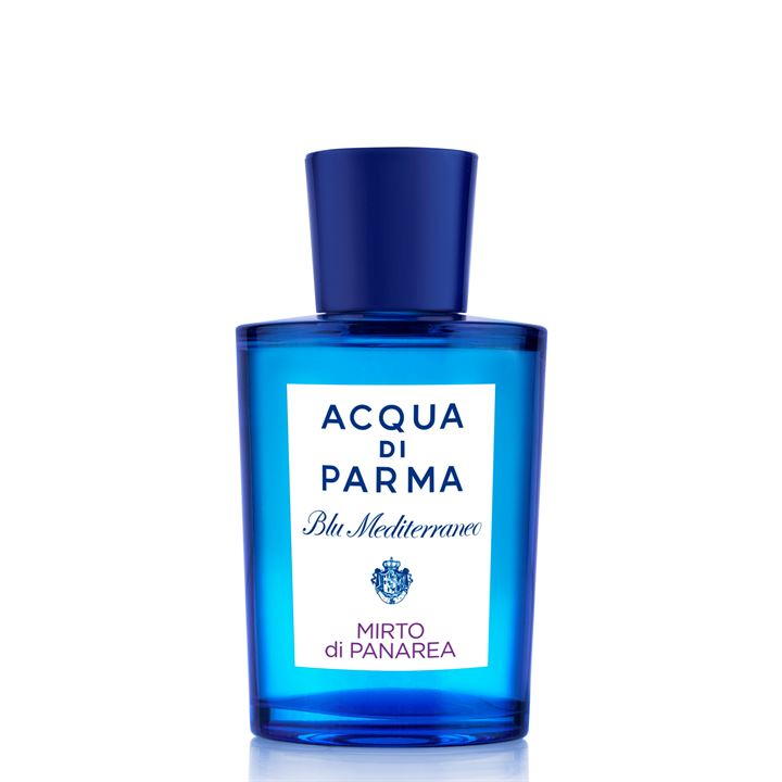 Bright blue glass bottle with a sleek design, featuring a navy cap and a white label displaying "Acqua Di Parma Blu Mediterraneo Mirto Di Panarea Eau De Toilette 30ml Spray."