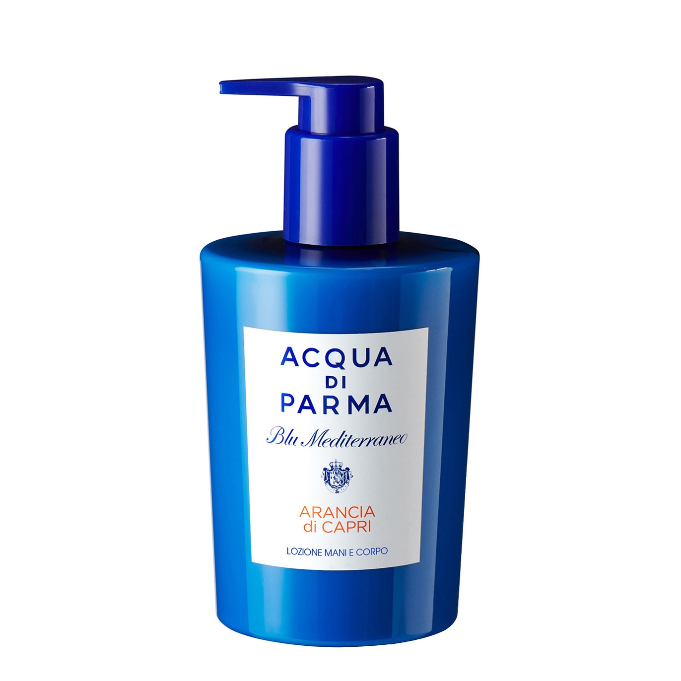 Bright blue plastic bottle with a pump top, labeled "Acqua Di Parma Blu Mediterraneo Arancia Di Capri Hand and Body Lotion 300ml" in white and orange text.