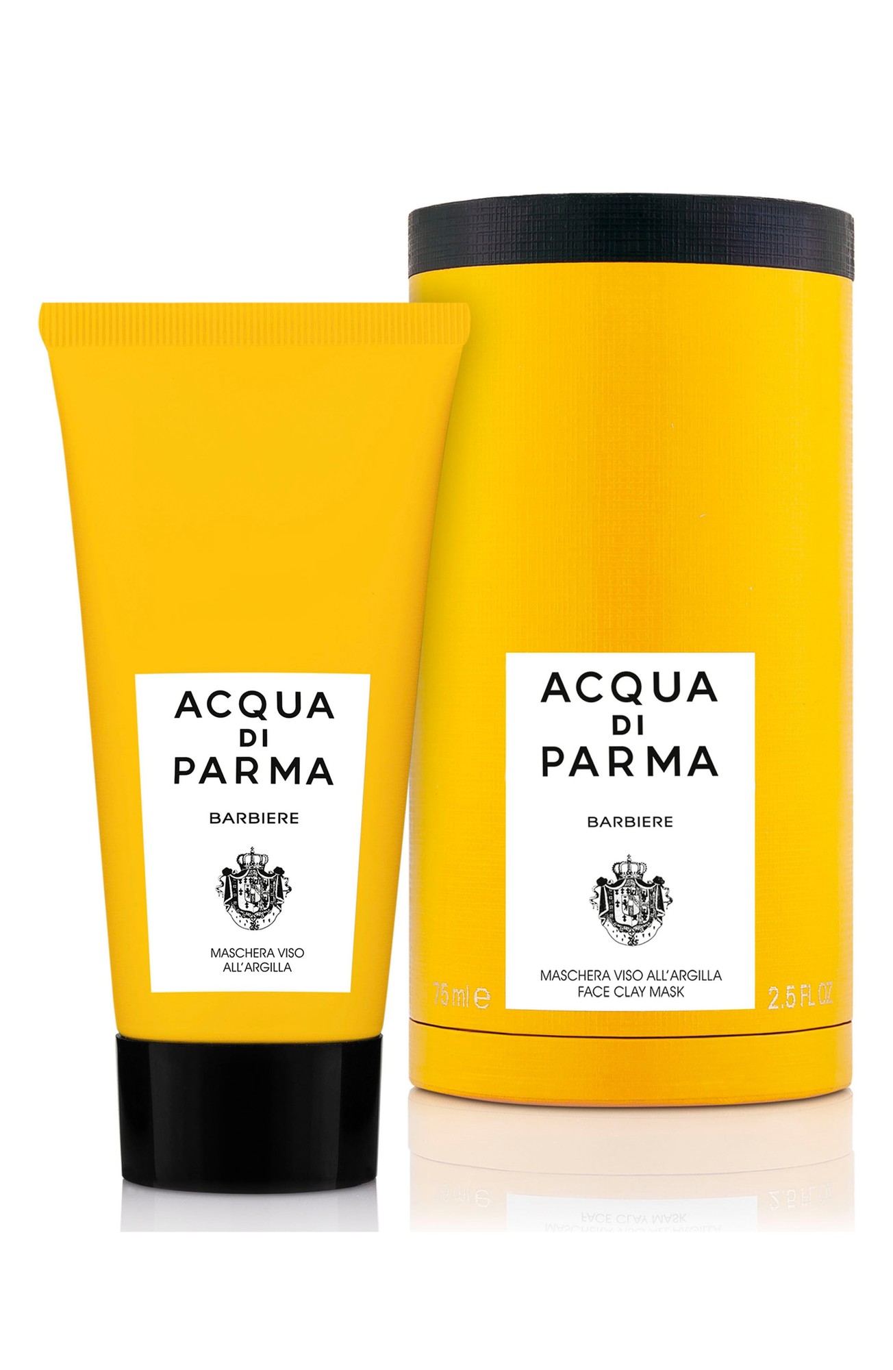Yellow tube of Acqua Di Parma Barbiere Clay Face Mask (75ml) with a black cap, placed beside a matching cylindrical black and yellow box featuring the brand logo and product details.