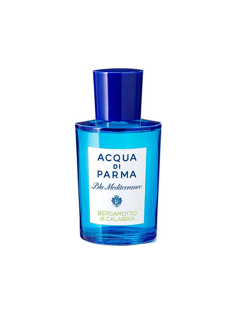 Bright blue glass bottle with a blue cap, featuring a white label that reads "Acqua di Parma Blu Mediterraneo Bergamotto di Calabria" in elegant font.